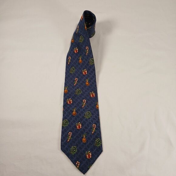 Joseph A. Bank Corporate Collection Blue Tie Christmas Themed Pattern 57" x 3.75 - Picture 2 of 6
